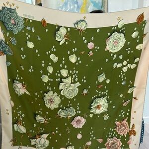 Hermes Floral Green Silk Scarf. La Rosée".Designated by Anne GAVARNI